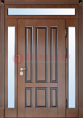 Железная дверь со стеклом и фрамугами в коричневом цвете ДФГ-8 в Лобне
