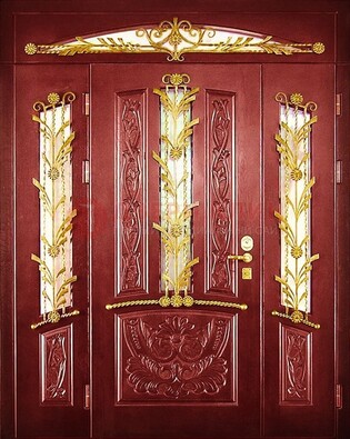 Бордовая железная парадная дверь со стеклом и ковкой ДПР-75 в Лобне