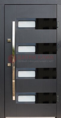 Черная стальная дверь МДФ хайтек со стеклом ДС-16 в Лобне