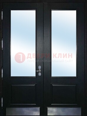 Черная двухстворчатая металлическая дверь со стеклом ДС-25 в Лобне