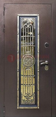Железная дверь цвета медный антик со стеклом и ковкой ДСК-105 в Лобне
