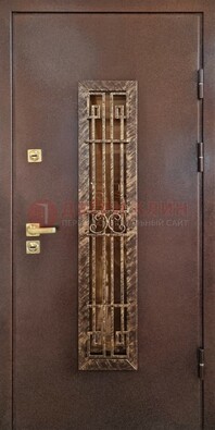 Металлическая дверь с порошковым напылением со стеклом и ковкой ДСК-110 в Лобне