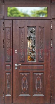 Коричневая железная дверь со стеклом и ковкой на улицу ДСК-127 в Лобне