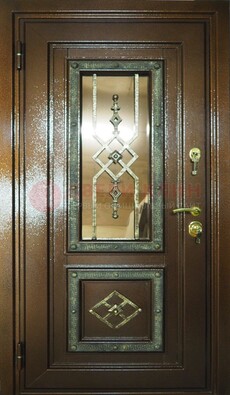 Теплая входная дверь со стеклом и ковкой разноцветной ДСК-13 в Лобне