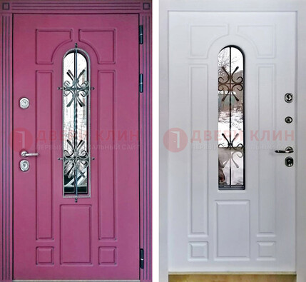 Розовая металлическая дверь со стеклом и ковкой ДСК-151 в Лобне