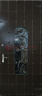 Высокая железная дверь со стеклом и ковкой ДСК-15 в Лобне