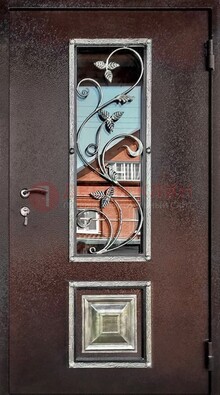 Коричневая стальная дверь порошок со стеклом и ковкой ДСК-163 Кириши