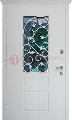 Белая металлическая дверь винорит со стеклом и ковкой ДСК-184 в Лобне