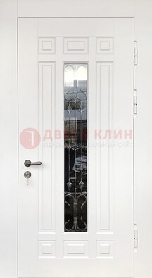 Белая стальная дверь винорит со стеклом и ковкой ДСК-191 в Лобне