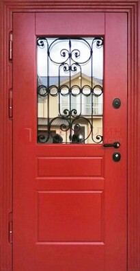 Красная железная дверь Винорит со стеклом и ковкой ДСК-205 в Лобне