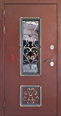 Уличная дверь Порошок со стеклом и ковкой для дома ДСК-218 в Лобне