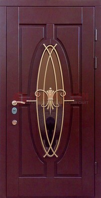 Бордовая стальная дверь Винорит со стеклом и ковкой ДСК-263 в Лобне