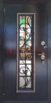 Железная дверь с порошковым напылением стеклом и ковкой ДСК-279 в Лобне