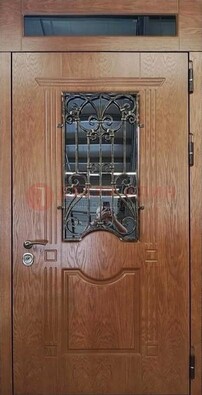 Металлическая входная дверь со стеклом и ковкой для дома ДСК-96 в Лобне