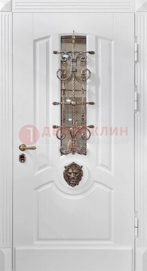 Белая металлическая дверь с виноритом и стеклом с ковкой ДВТ-165 в Лобне