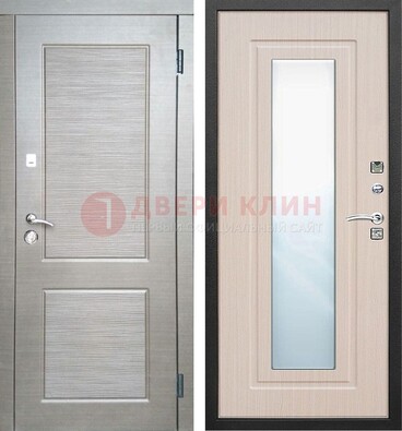 Светлая металлическая филенчатая дверь и МДФ Белый дуб с зеркалом ДЗ-104 в Лобне