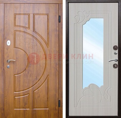 Коричневая металлическая дверь c МДФ с узором и зеркалом ДЗ-105 в Лобне
