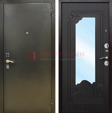 Железная темная дверь c порошковым напылением и МДФ с узором и зеркалом ДЗ-111 в Лобне
