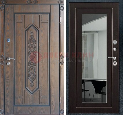 Уличная коричневая дверь c виноритом и МДФ Венге с зеркалом ДЗ-116 в Лобне