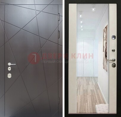 Железная коричневая дверь со светлой МДФ внутри и зеркалом ДЗ-125 в Лобне