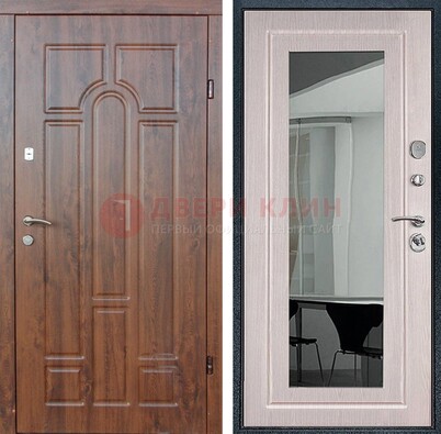Входная коричневая дверь с МДФ Белый дуб и зеркалом ДЗ-126 в Лобне