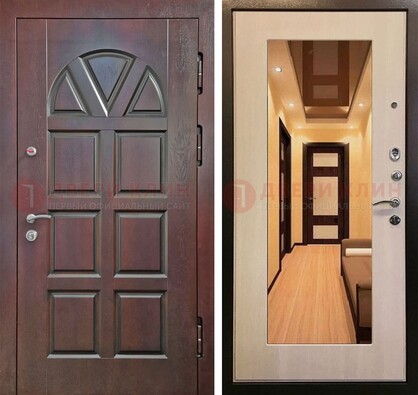 Темная железная дверь с МДФ и зеркалом в квартиру ДЗ-135 в Лобне