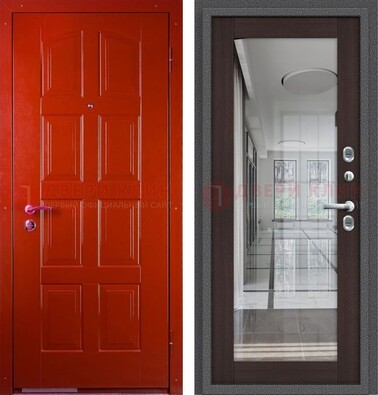 Красная металлическая дверь с МДФ и зеркалом ДЗ-136 в Лобне