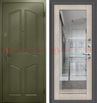 Зеленая стальная дверь с МДФ панелями и зеркалом ДЗ-137 в Лобне