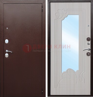 Коричневая металлическая дверь с зеркалом МДФ внутри ДЗ-33 в Лобне