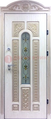 Белая железная дверь с МДФ и витражом ВЖ-26 в Лобне